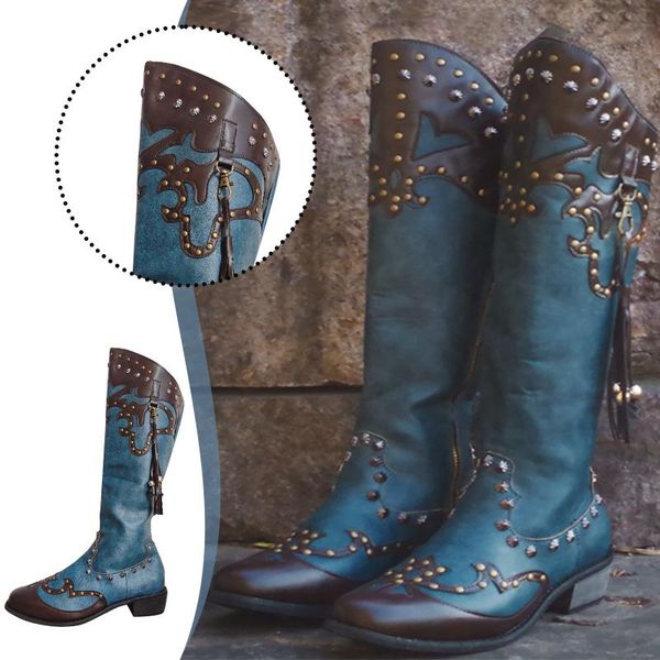boots cowboy for women embroidered floral hollow out totems fringe long ladies square heels motorcycle botas mujer, Black